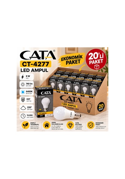 Ct-4277 9w E27 Led Ampul 6400k Beyaz Işık 740 Lümen 20 Li Ekonomik Paket