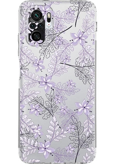 Xiaomi Redmi Note 10s Kamera Korumalı Kapak Floral Lila Tasarımlı Şeffaf Kılıf