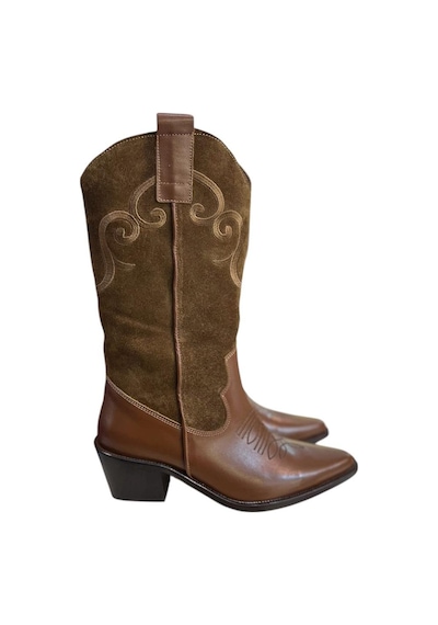 Tufan Shoes Taba Hakiki Deri Ve Süet İşleme Detaylı Western Çizme Taba