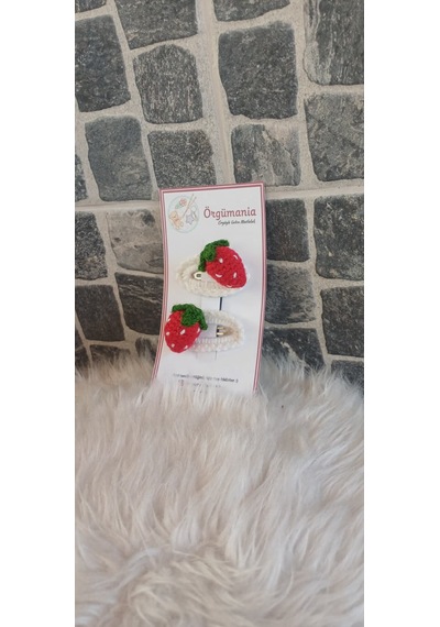 Örgümania Çilekli Çıtçıt Toka Çilek Toka El Örgüsü Toka Beyaz - Kırmızı