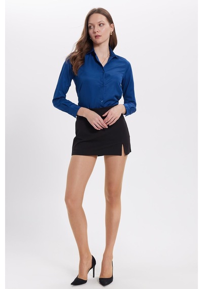 Tudors Kadın Slim Fit Dar Kesim Vücuda Oturan Uzun Kollu Lacivert Basic Gömlek-38823