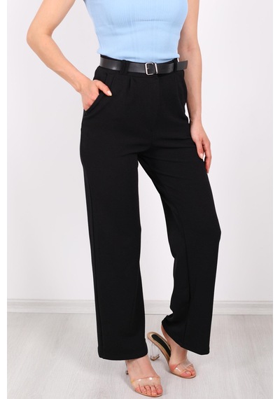 Ribana Classic Kemerli Bol Paça Kadın Krep Pantolon Siyah