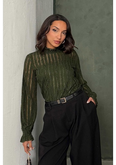 Verymoda Simli Sakallı Bluz F1852 Haki