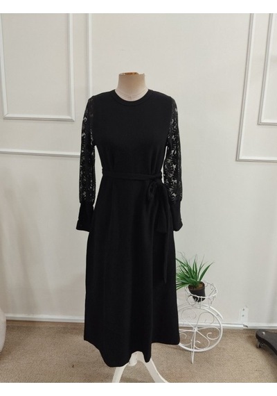 Bhrwear Kadın Uzun Kollu Bisiklet Yaka Belden Kuşaklı Midi Waffle Elbise Renkli