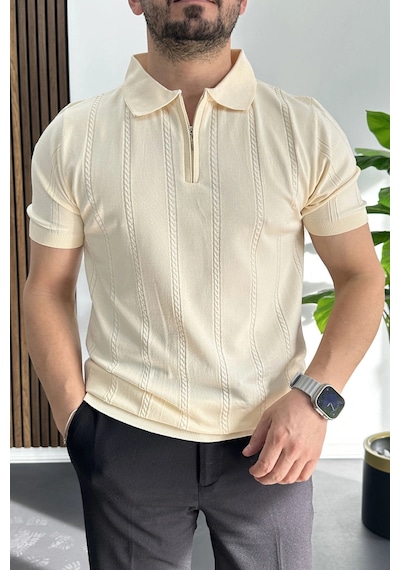 Erkek Desenli Polo Yaka Tişört Krem Edw457 Krem