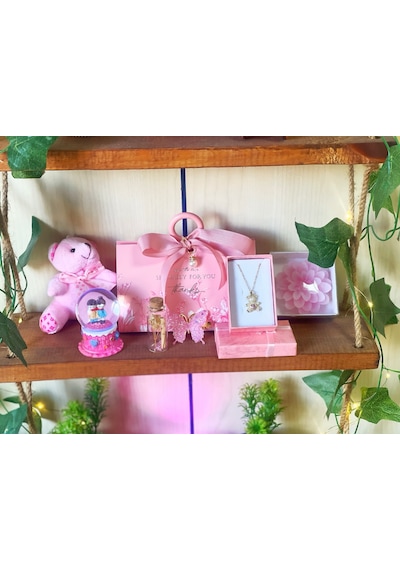 Pembe Romantik İyiki Varsın Hediye Seti Ayıcık+kolye+kar Küresi+mini Not Şişe Dekor Sevgiliye Özel -