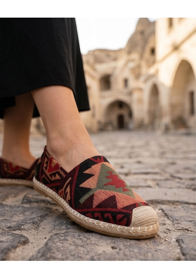 Futsishoes Vıola Bordo Hakiki Deri Kilim Desenli Kadın Etnik Desen Espadril Ayakkabı