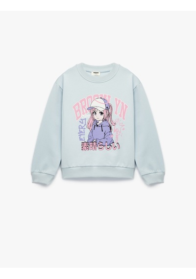 Koton Uzun Kollu Bisiklet Yaka Anime Baskılı Sweatshirt Mavi 7wkg10035ak