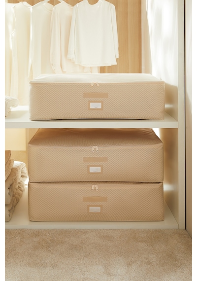 Ocean Home Textile 3'lü Mega Boy Bej Balıksırtı Baza Altı Hurç Set 74 x 46 x 22 cm