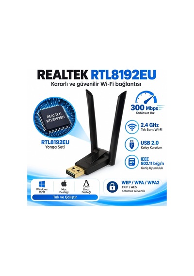 Trıo W136 300mbps Realtek Rtl8192eu Kablosuz Wifi Adaptör, Çift Antenli Usb Wireless Dongle, Pc Laptop Notebook İçin Usb Wifi Alıcı, Windows 10/11 Uyumlu Tak Çalıştır Kablosuz İnternet Adaptörü