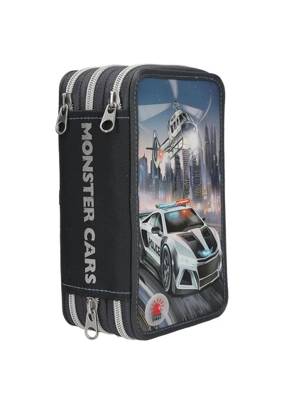 Dino World Monster Cars 3 Katlı İçi Dolu Kalem Çantası 13333 Çok Renkli