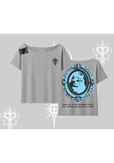 Tarzsokak Çerçeveli Kedi Baskılı Kayık Yaka Tshirt Gri
