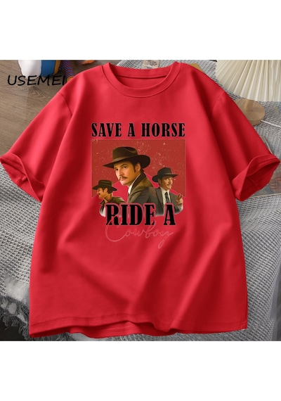 Flood Of Style Pedro Pascal T-shirt Kovboy Grafik Tshirt Bir At Binmek Bir Kovboy Tees Pablo Escobar Lats Of Kırmızı