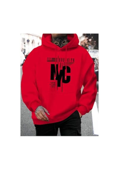 Medinenur Nyc Baskılı Kapüşonlu Cepli Sweatshirt Kırmızı
