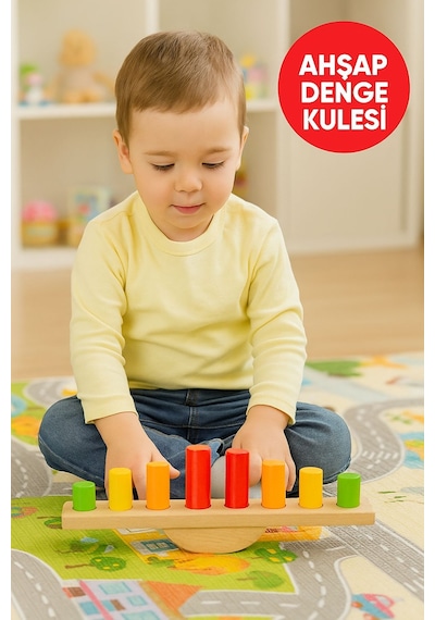 Ahşap Denge Kulesi Renkli Silindirli Eğitici Motor Beceri Ve Koordinasyon Oyunu