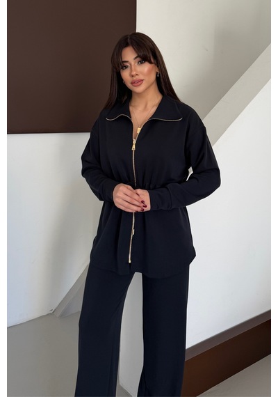 Balenbi Oversize Fermuarlı Beli Bağcıklı Polo Yaka Modal Kadın Takım 1196 - Form Serisi Siyah Balenbi Oversize Fermuarlı Beli Bağcıklı Polo Yaka Modal Kadın Takım 1196 - Form Serisi Siyah