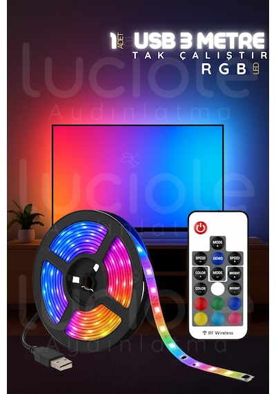 Rgb Şerit Led Işık 3 Metre Usb Girişli Kumandalı Ambiyans Lamba Tv Arkası & Lambader Alternatifi