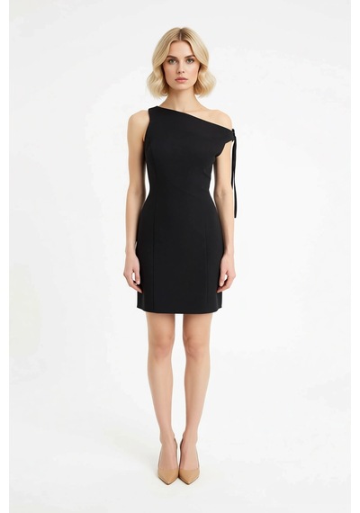 Benerly Kadın Asimetrik Yaka Kolsuz Mini Bodycon Esnek Dokuma Elbise Asta Siyah