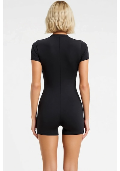Benerly Kadın Şort Mayo Fermuarlı Dik Yaka Kısa Kol Dalgıç Örme Kumaş Düz Siyah