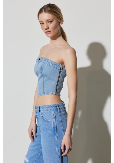 Wrangler Regular Fit Normal Kesim Askılı Açık Mavi Jean Crop Bluz