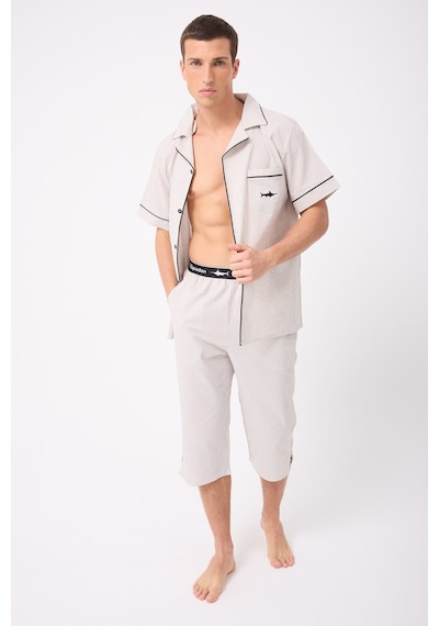 L'espadon Marısılk Seastrıpe Erkek Dokuma Yazlık Kısa Kollu Capri Pantolonlu Pijama & Lounge Takımı-3215 Bej