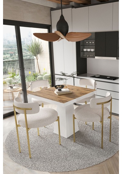 Avvio Arona Beyaz Lake Mdf Ayak 90x90 Yemek Masası Mutfak Masası 4 Kişilik Masa Takımı Teddy Sandalye Akça Avvio9880
