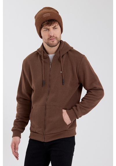 Polostate Erkek Fermuarlı Kanguru Cep 3 İplik Sweatshirt Kahverengi