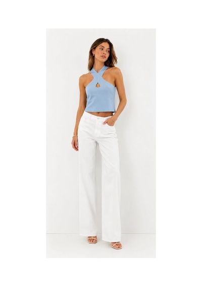 Onno Style Women Kolsuz Askılı Çapraz Yaka Triko Kadın Bluz Mavi