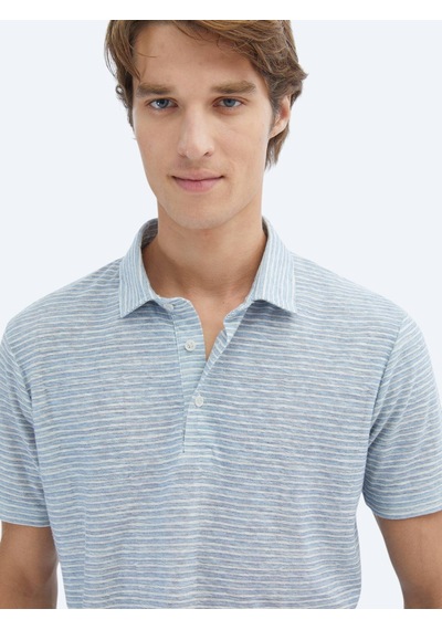 Kip Mavi Baskılı Polo Yaka Pamuk Karışımlı T-shirt Mavi