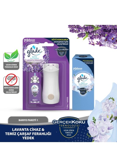 Glade Banyo Cihaz + Yedek Lavanta ve Yedek Temiz Çarşaf Ferahlığı Seti