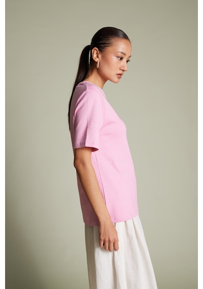 Pamuklu Kısa Kollu Kontrast Bisiklet Yaka T-shirt Pembe