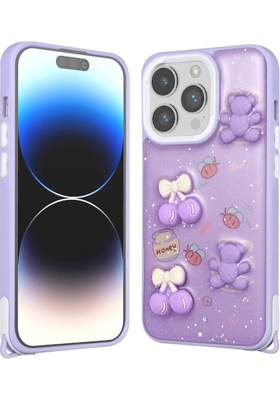 Ardemix Apple iPhone Uyumlu 14 Pro Kılıf Parlayan Simli Kabartma Figürlü Cevze Kapak - Pembe Pembe