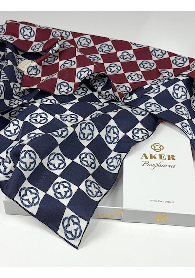 Aker Bosphorus Çift Taraflı İpek Twill Eşarp 89147112 Lacivert-bordo