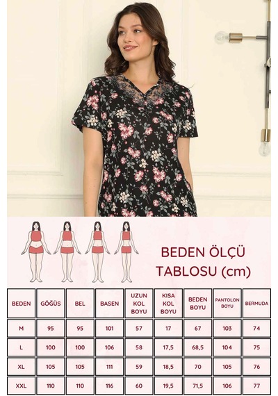 Alimer Kadın Siyah Dantelli V Yaka Bermuda Pijama Takım Edy2708s Siyah