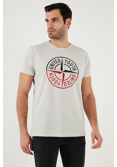 Buratti Baskılı Bisiklet Yaka Pamuklu Slim Fit Erkek T Shirt 541Pusula Açık Melanj