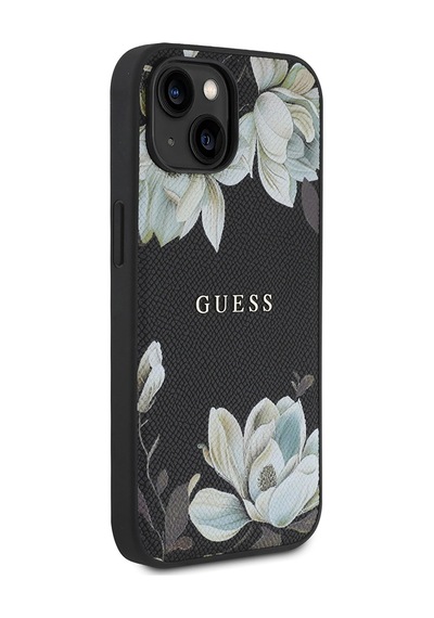 Apple Uyumlu iPhone 15 Kılıf Guess Lisanslı M-safe Özellikli Taneli Çiçek Tasarımlı Metal Yazı Logolu Kapak Siyah