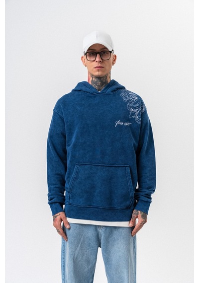 Respire Erkek Fierce Baskılı Yıkamalı Kapüşonlu Oversize Hoodie İndigo