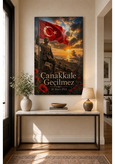 Çanakkale Geçilmez Baskılı Cam Tablo 18 Mart Türk Bayrağı Dekoratif Duvar Tablosu