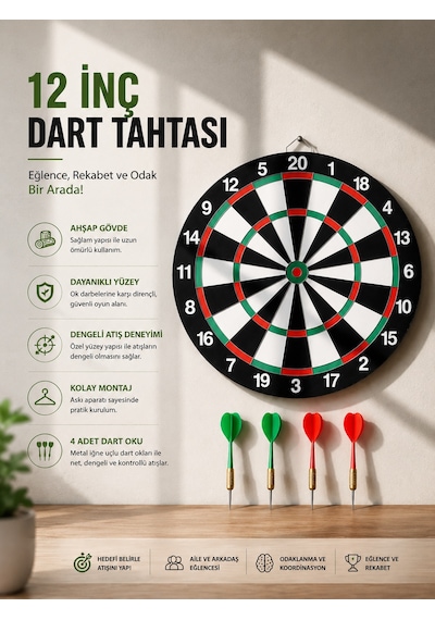 12 İnç Ahşap Dart Tahtası 4 Adet Metal Uçlu Dart Oku Dahil - Lisinya