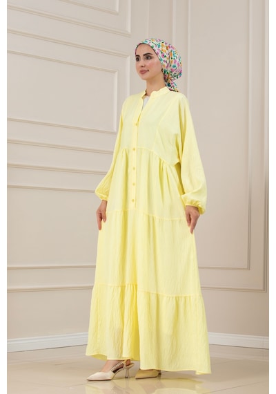 Sevitli Lilyum Kumaş Robalı Katya Elbise-sarı-5822