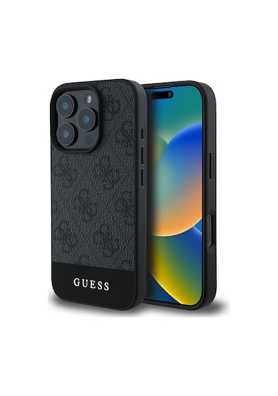 Apple Uyumlu iPhone 16 Pro Kılıf Guess Lisanslı Pu Deri Şerit Logo Dizaynlı Kapak Gri
