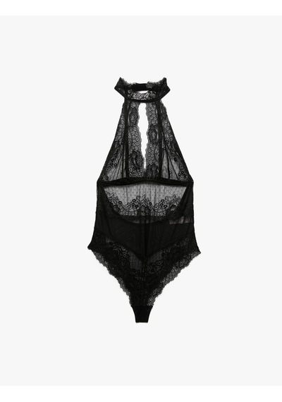 Koton Transparan Floral Dokulu Halter Yaka Dantelli Bodysuit Siyah 6wlk00003mk Siyah
