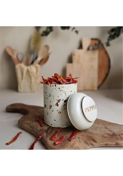 Terrazzo Cream Desenli Yuvarlak Metal Kutu, 9 X 11 Cm, 0.6 Lt