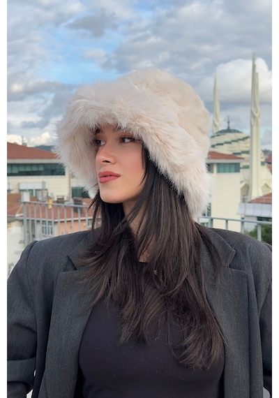 Mollycrush Suni Kürklü Peluş Bucket Kalpak Şapka Luxury Kadın Bej Rus Slav Tarzı Bej