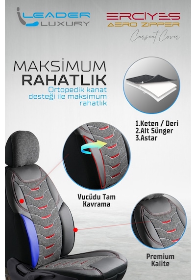 Volvo S60 2000-2004 Uyumlu Lüx Deri Detaylı Keten Oto Koltuk Kılıfı Ön Arka Takım Erciyes Siyah