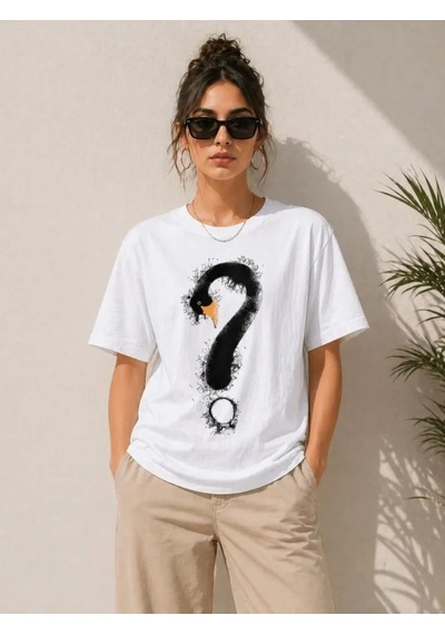 Defymoda Kuğu Figürlü Soru İşareti Baskılı Tişört Kısa Kol T-shirt - Beyaz