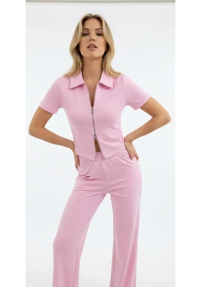 Kadın Polo Yaka Fermuar Detay Modal Touch Alt Üst Takım 26020 Pembe