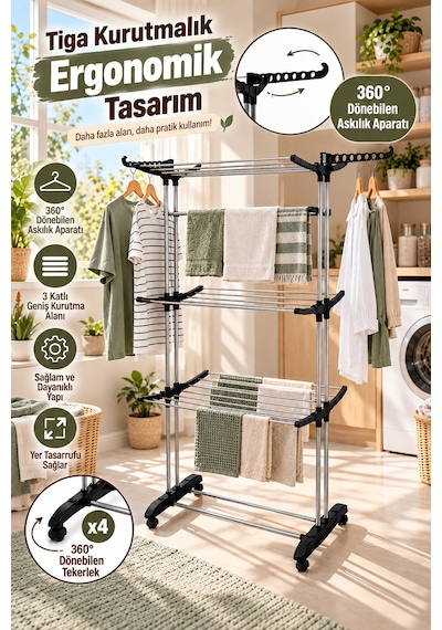 Perilla Tiga 3 Katlı Çamaşır Kurutma Askısı 20 M + Present Lux Ütü Masası 38x120 Cm İkili Set Çok Renkli