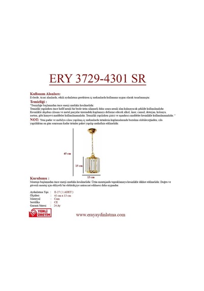 Eray Aydınlatma Ery 3729-43-01 Sarı Yuvarlak Tekli Taşlı Avize Sarı