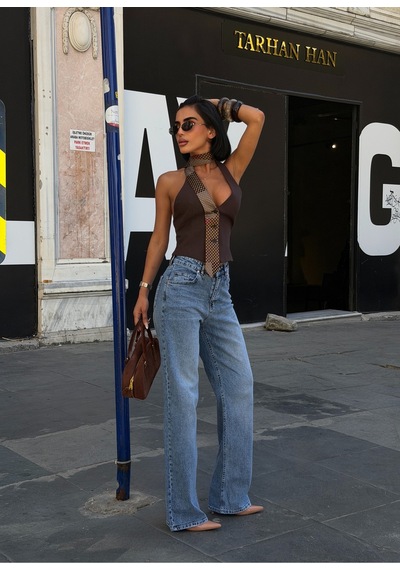 Meecy Kadın Mavi Yüksek Bel Wide Leg Düz Kesim Jean Pantolon Mavi Mavi